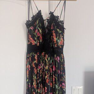 Olivaceous Black/Red Floral Jumpsuit, Spaghetti Straps, Midi w/ Lace Trim